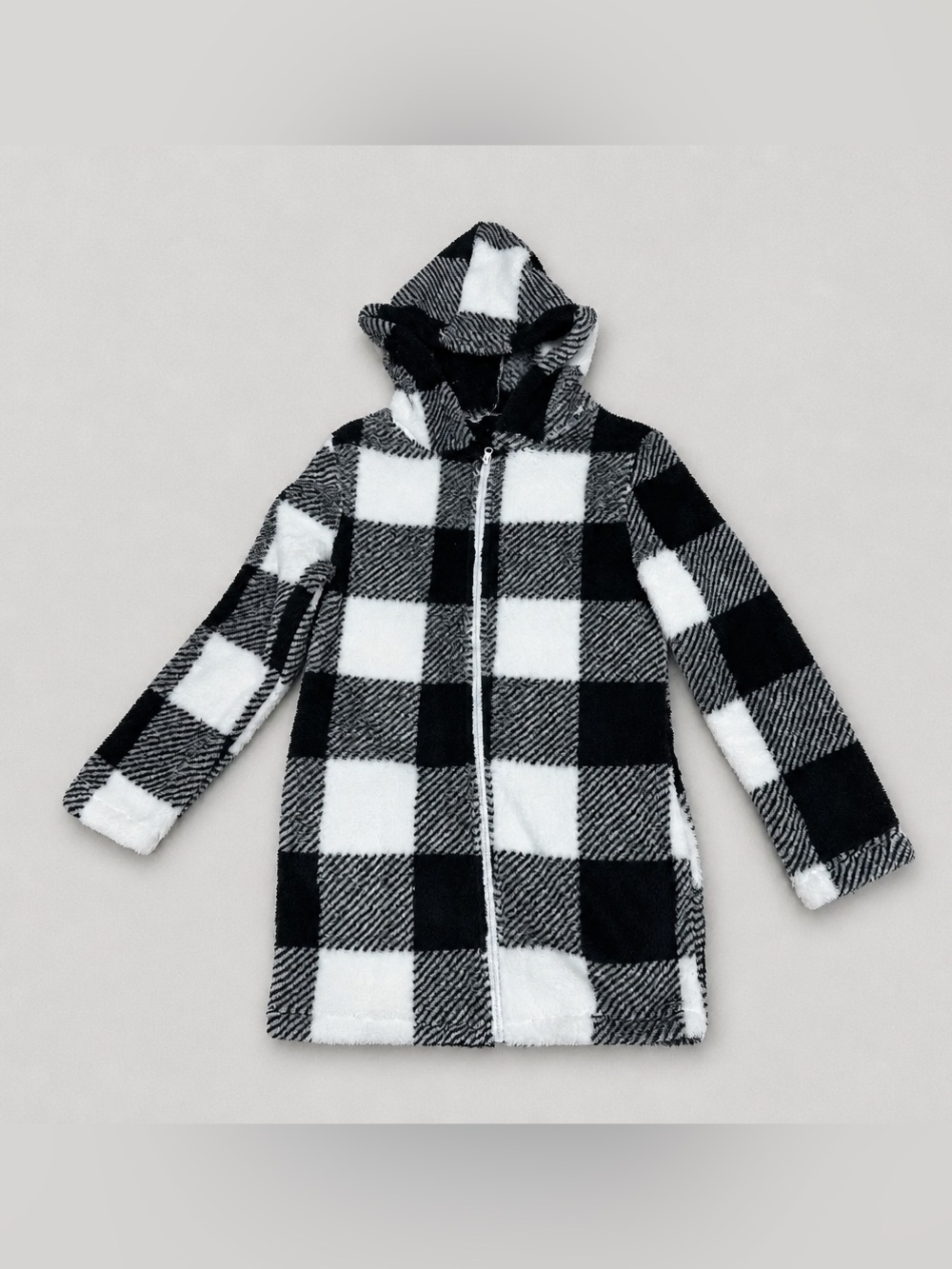 Women’s Black & White Plaid Long Hoodie Full Zip Size M